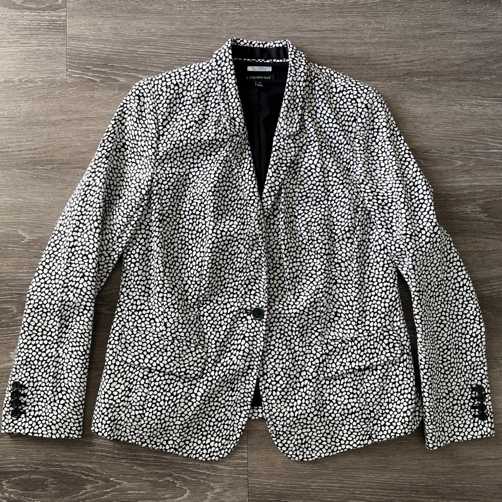 Lane Bryant Modernist Blazer Size 14 Black White Print Cotton Stretch Jacket - Picture 2 of 13